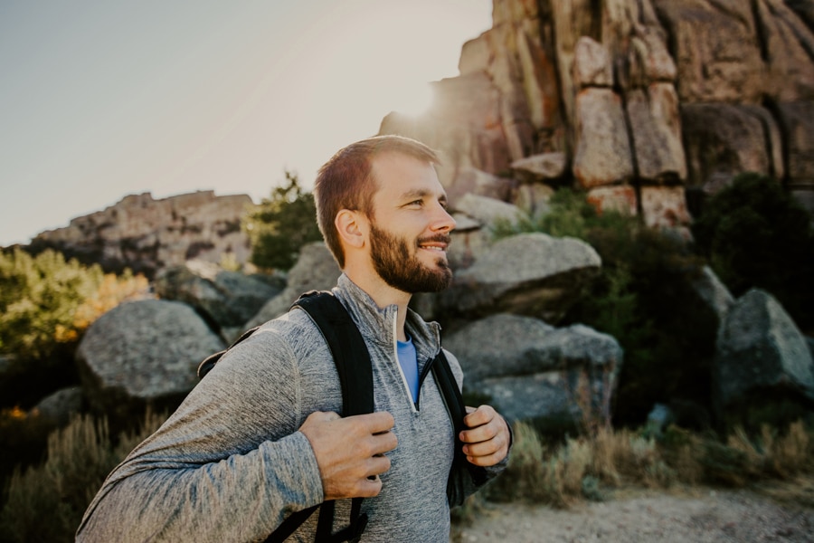 Man hiking in rocky mountains